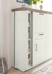 Weißes Highboard mit Karussellfunktion, teilweise geöffnet, seitliche Perspektive