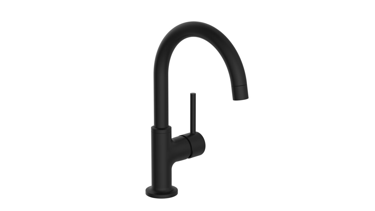 Wasserwerk Waschtischarmatur WT14 Schwarze Waschtischarmatur mit gebogenem Auslauf, seitlicher Hebel, seitliche Perspektive