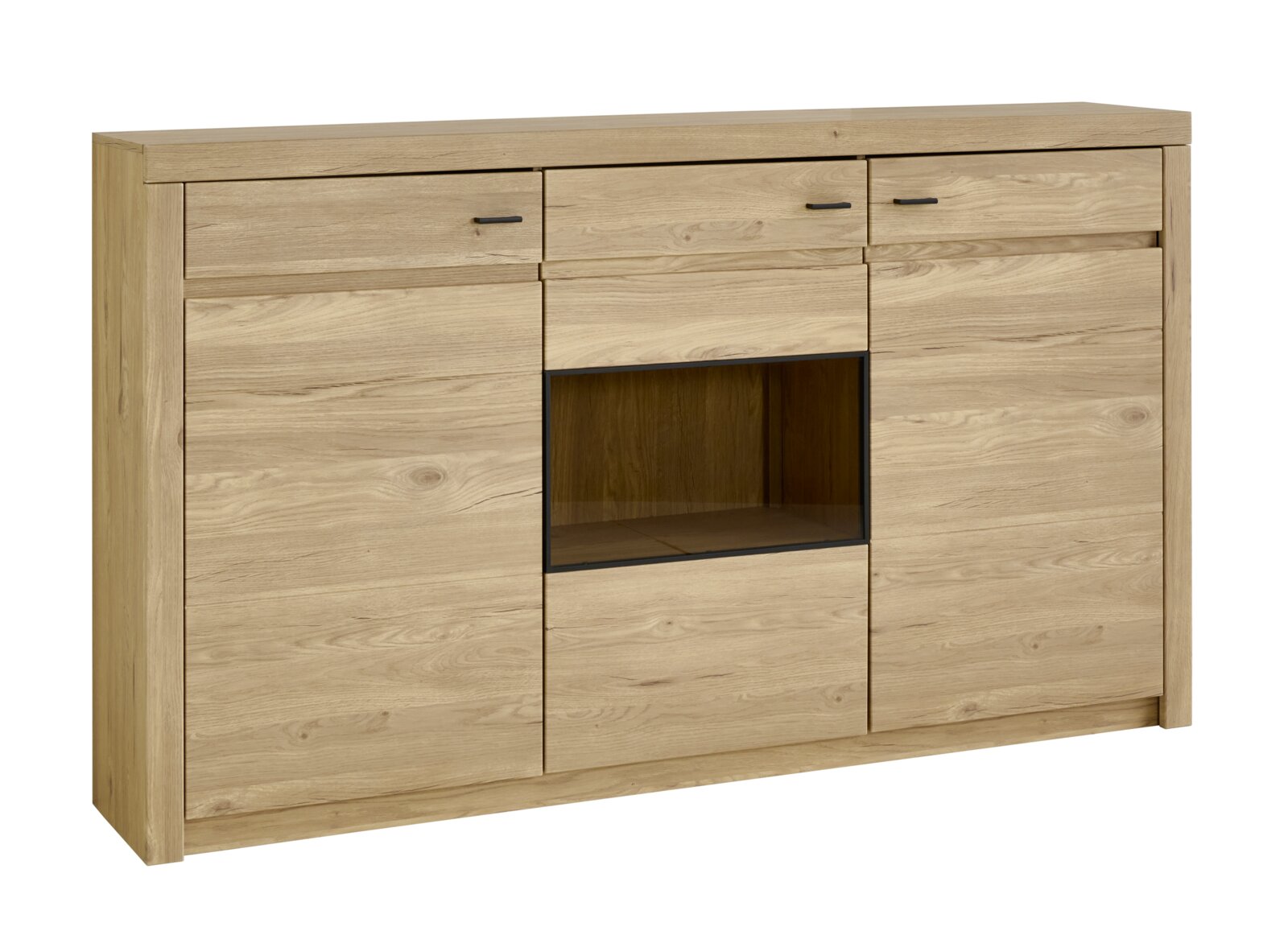 Cantus Sideboard WIEN Massive Holz-Kommode/Sideboard in heller Eiche-Optik mit drei Schubladen, zwei Türen und mittigem Glasfach, schwarze Griffe, frontal aus leichter Linksperspektive freigestellt auf weißem Hintergrund