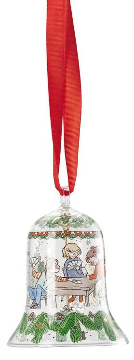 Kristallglocke mit rotem Band, verziert mit weihnachtlichen Motiven und Tannenzweigen, seitliche Perspektive