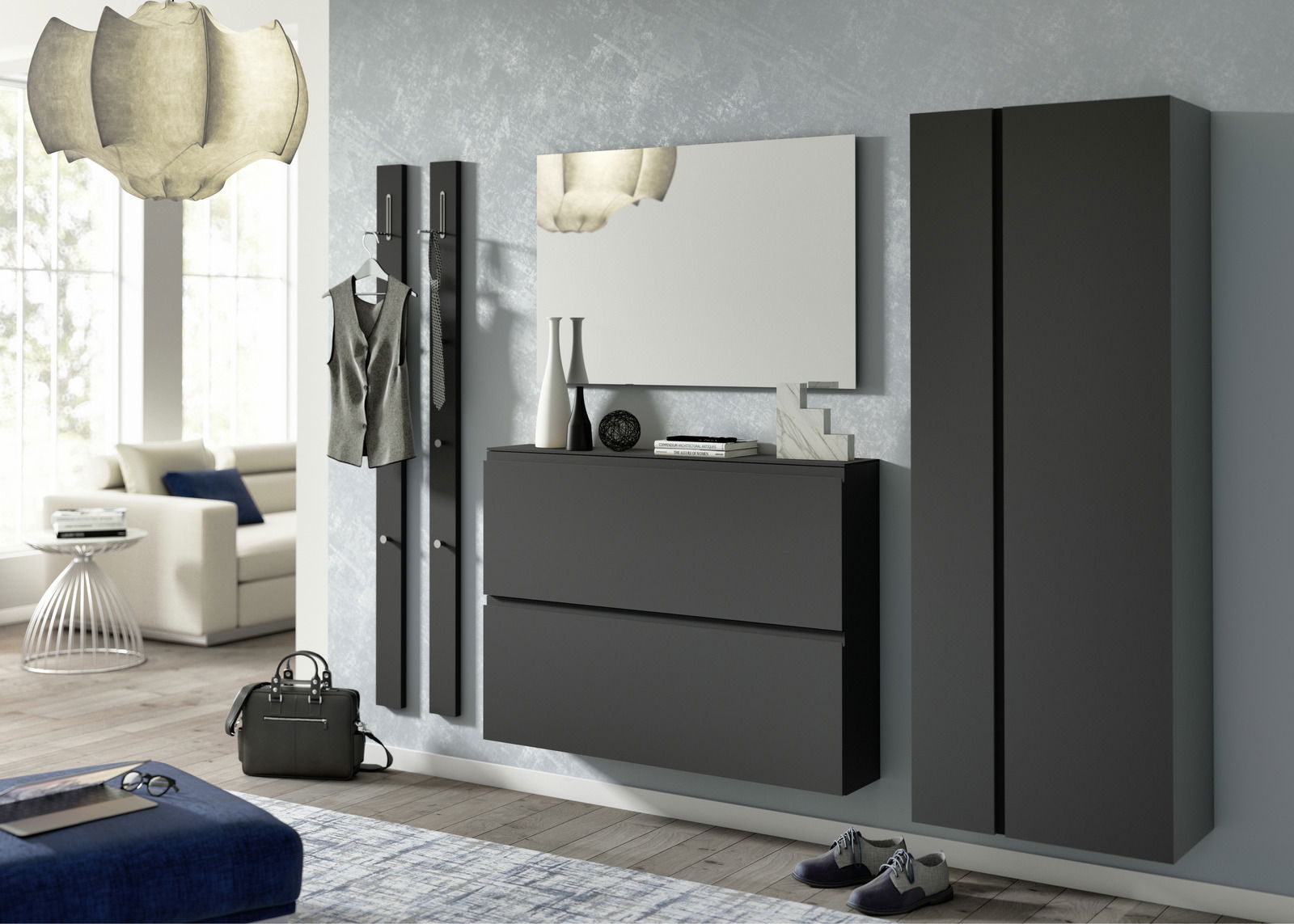 Moderano Hängeschuhschrank LECCO Moderne Garderobeneinrichtung in dunklen Tönen mit Hängeschuhschrank, Spiegel und Garderobenpaneel, seitliche Perspektive.