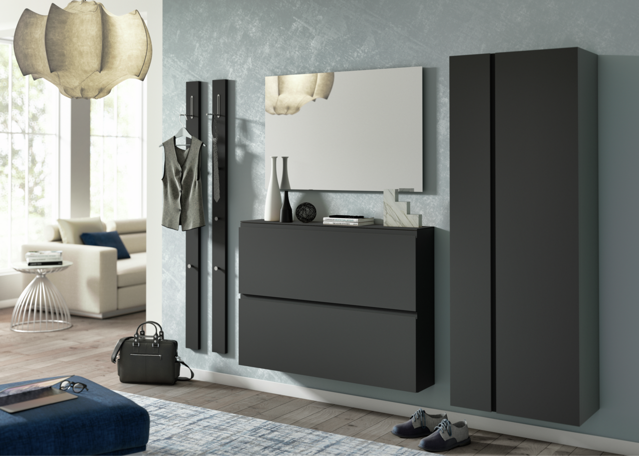 Moderano Garderobenpaneel-Leiste LECCO Moderne Garderobeneinrichtung in dunklen Tönen mit Hängeschuhschrank, Spiegel und Garderobenpaneel, seitliche Perspektive.