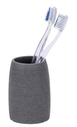 Grauer Zahnputzbecher Goa mit zwei Zahnbürsten, seitliche Perspektive