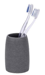 Grauer Zahnputzbecher Goa mit zwei Zahnbürsten, seitliche Perspektive