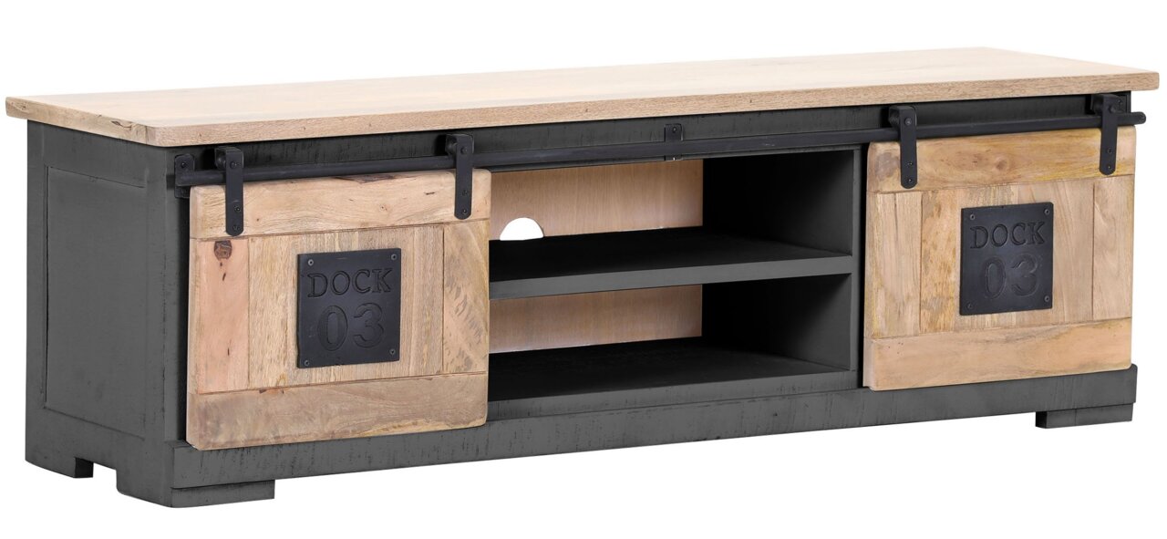 Landscape Lowboard DOCK 03 AN Lowboard aus Holz mit zwei Schiebetüren und offenen Fächern, Frontansicht