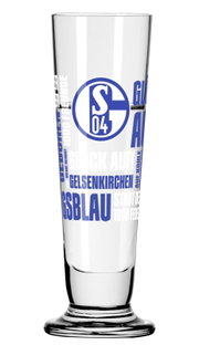 Hohes, schlankes FC-Schalke-04-Bierglas mit blau-weißem Vereinslogo und Gelsenkirchen-Schriftzug, frontal in leichter Perspektive von oben freigestellt dargestellt