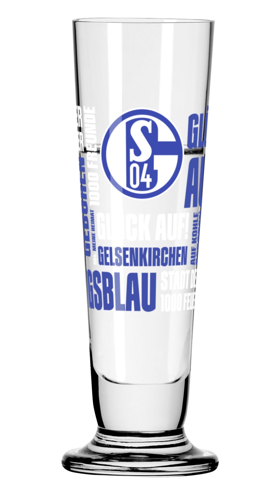 Hohes, schlankes FC-Schalke-04-Bierglas mit blau-weißem Vereinslogo und Gelsenkirchen-Schriftzug, frontal in leichter Perspektive von oben freigestellt dargestellt