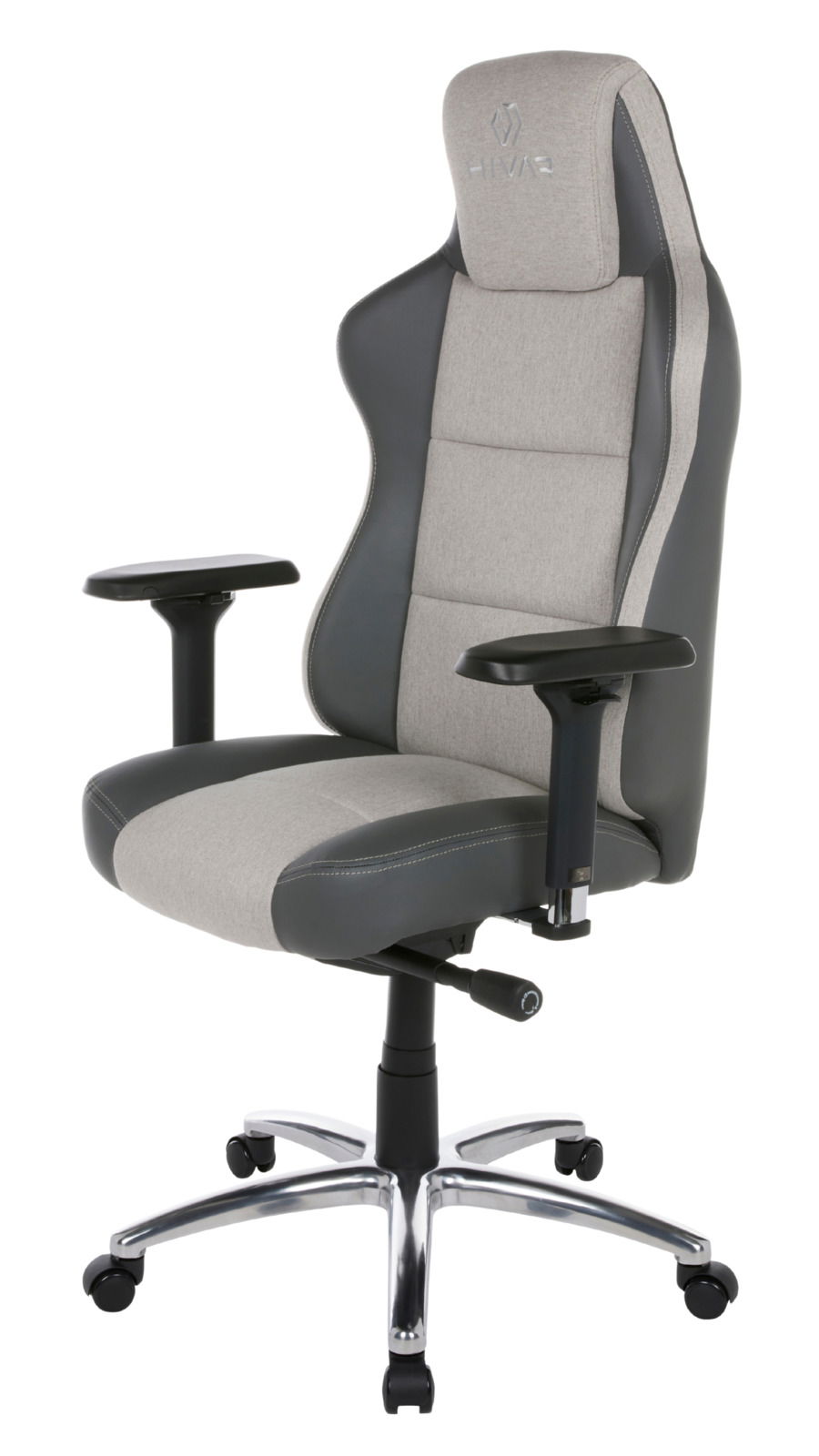 Grauer und schwarzer Gaming-Stuhl mit verstellbaren Armlehnen, Seitenansicht