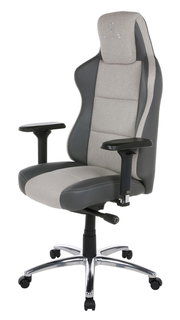 Grauer und schwarzer Gaming-Stuhl mit verstellbaren Armlehnen, Seitenansicht