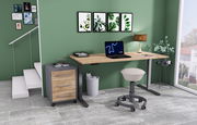 Moderner E-Schreibtisch mit Holzoberfläche und grauen Metallbeinen, Rollcontainer mit drei Schubladen, ergonomischer Hocker und Dekorationen in einem stilvollen Raum mit grüner Wand. Perspektive von vorne.