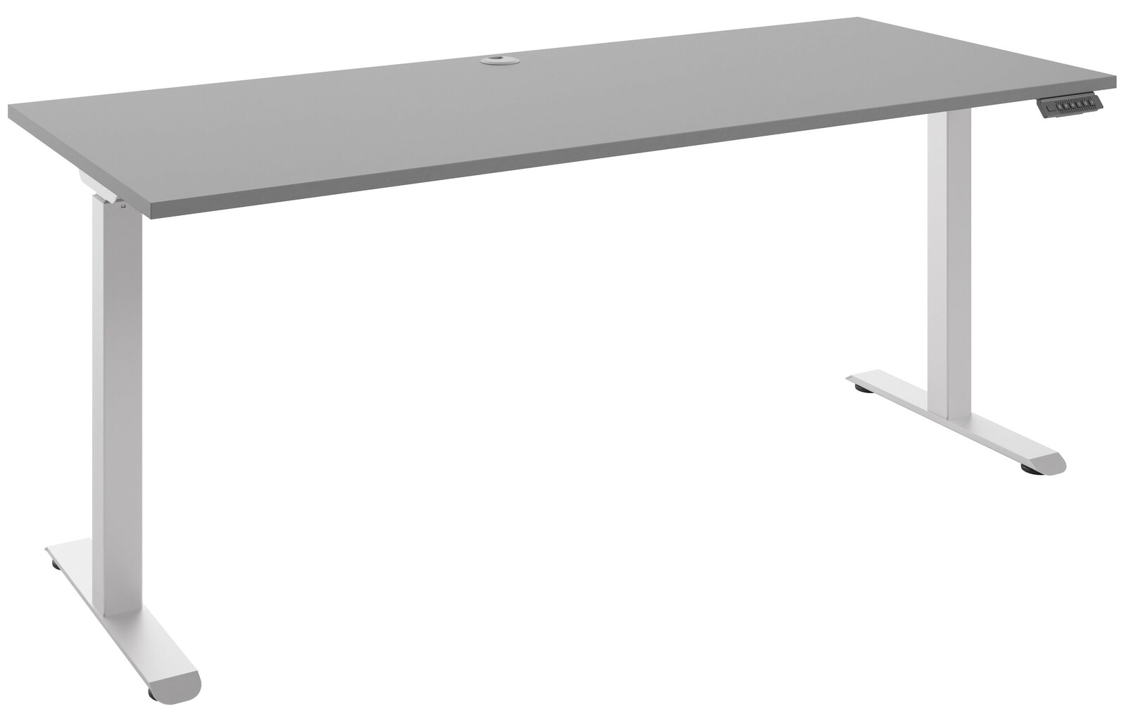 Manjana E-Schreibtisch 1-motorig OHIO Moderner höhenverstellbarer E-Schreibtisch in seitlicher Perspektive mit grauer Tischplatte und weißen T-Füßen.