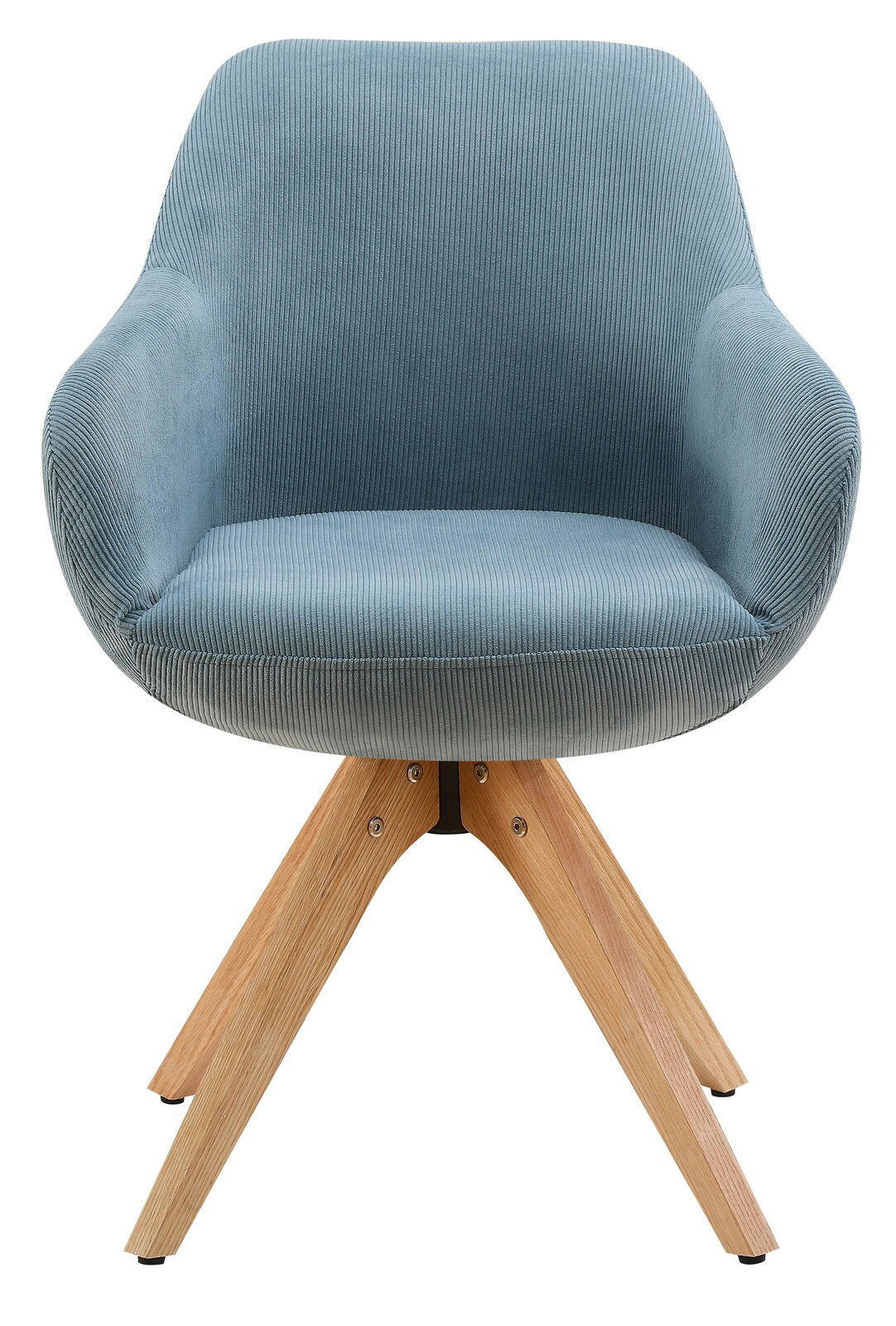 Blauer Armlehnstuhl mit Holzbeinen, Vorderansicht