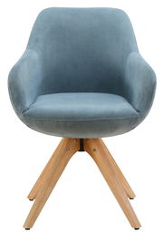 Blauer Armlehnstuhl mit Holzbeinen, Vorderansicht