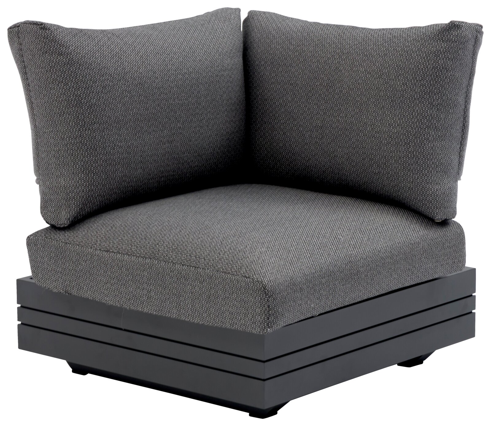Graues Lounge Eckelement mit gepolsterten Kissen, seitliche Perspektive