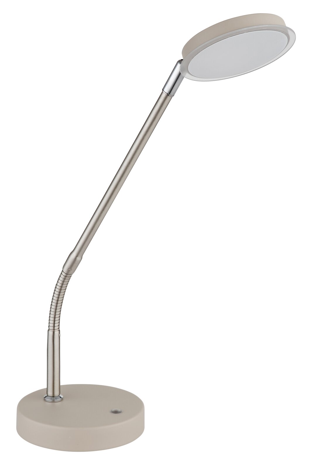 Moderne LED-Schreibtischlampe in Beige mit flexiblem Schwanenhals und rundem Leuchtenkopf, freigestellt auf weißem Hintergrund, schräg von vorne in leicht erhöhter Perspektive aufgenommen