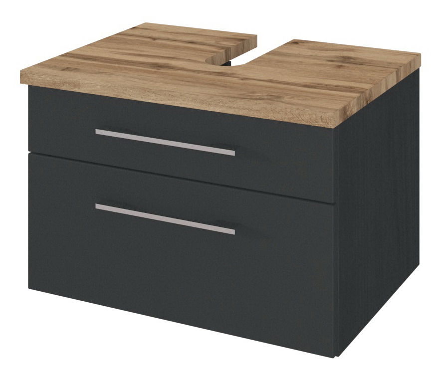 Moderner Waschtischunterschrank mit dunklem Korpus und Holzoptik-Oberfläche, Frontansicht