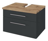 Moderner Waschtischunterschrank mit dunklem Korpus und Holzoptik-Oberfläche, Frontansicht