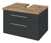 Moderner Waschtischunterschrank mit dunklem Korpus und Holzoptik-Oberfläche, Frontansicht