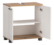 Waschbeckenunterschrank mit offenem Schrank und sichtbaren Regalböden, Perspektive von vorne rechts