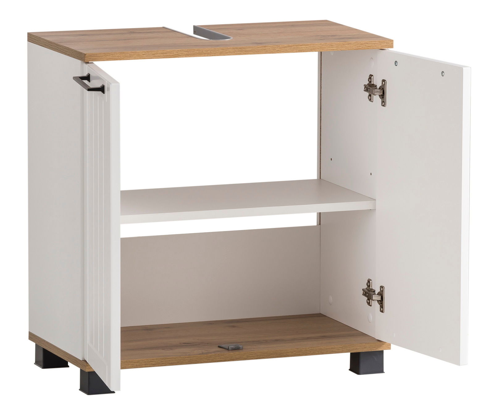 Waschbeckenunterschrank mit offenem Schrank und sichtbaren Regalböden, Perspektive von vorne rechts