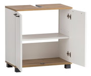 Waschbeckenunterschrank mit offenem Schrank und sichtbaren Regalböden, Perspektive von vorne rechts