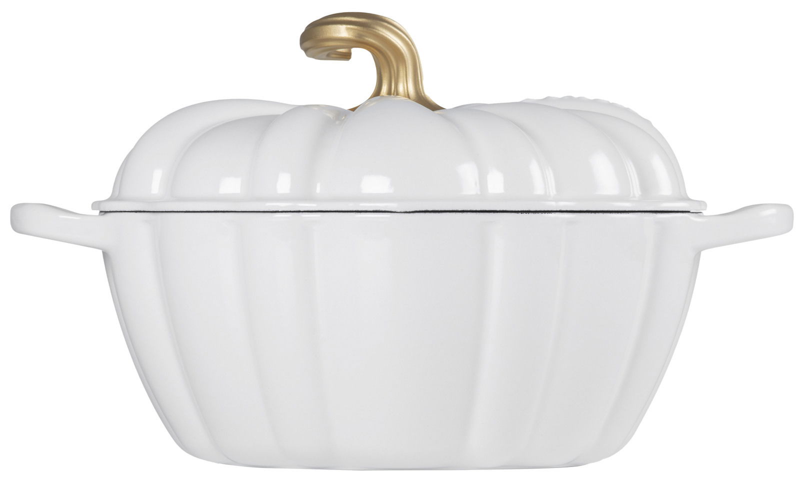 Weißer Kürbis-Bräter mit goldfarbenem Stiel, seitliche Perspektive