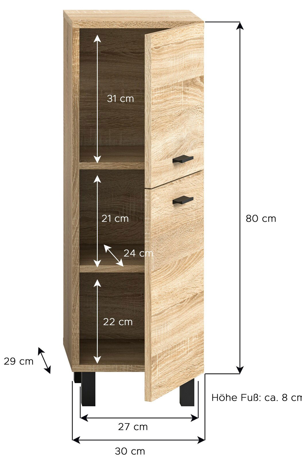 Badschrank aus Holz mit zwei offenen Fächern und einer Tür, perspektivisch von vorne rechts gezeigt.