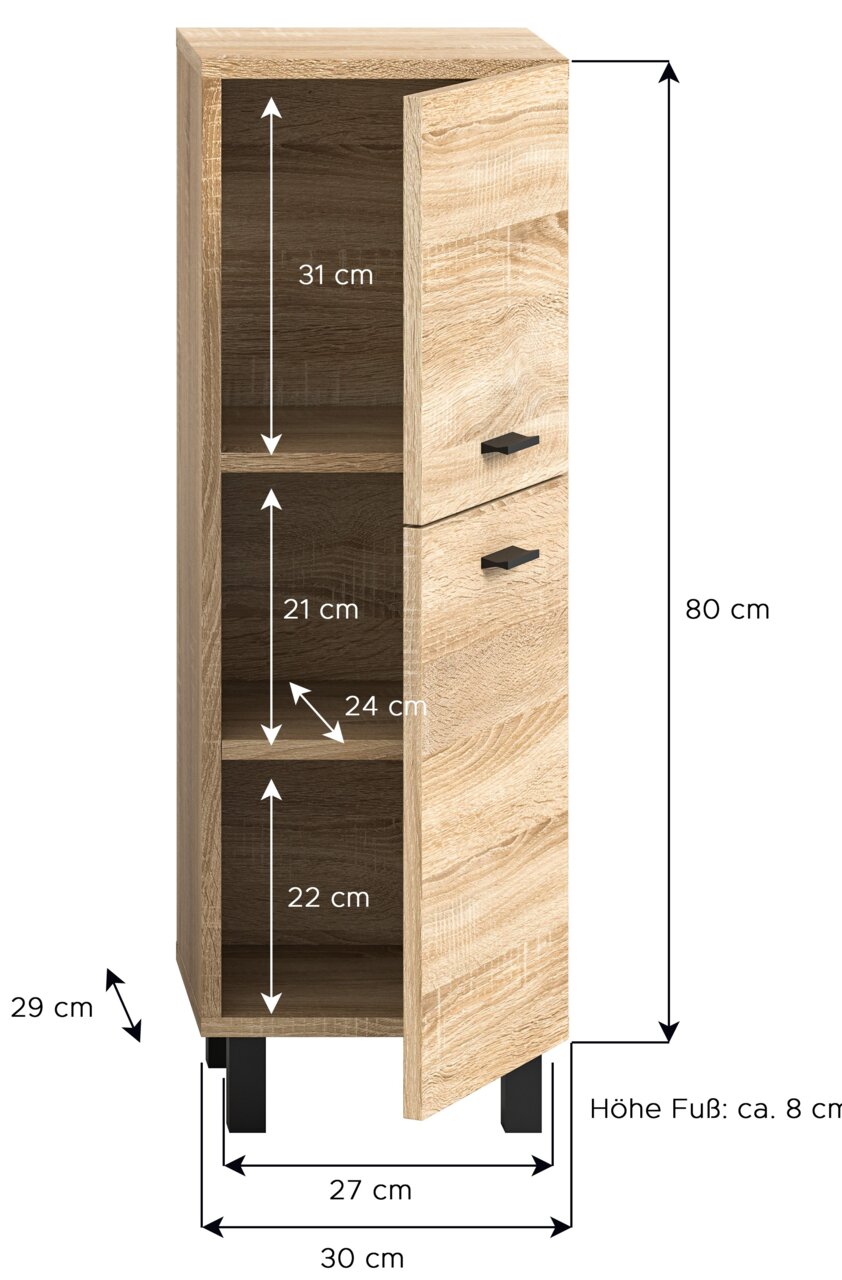Badschrank aus Holz mit zwei offenen Fächern und einer Tür, perspektivisch von vorne rechts gezeigt.