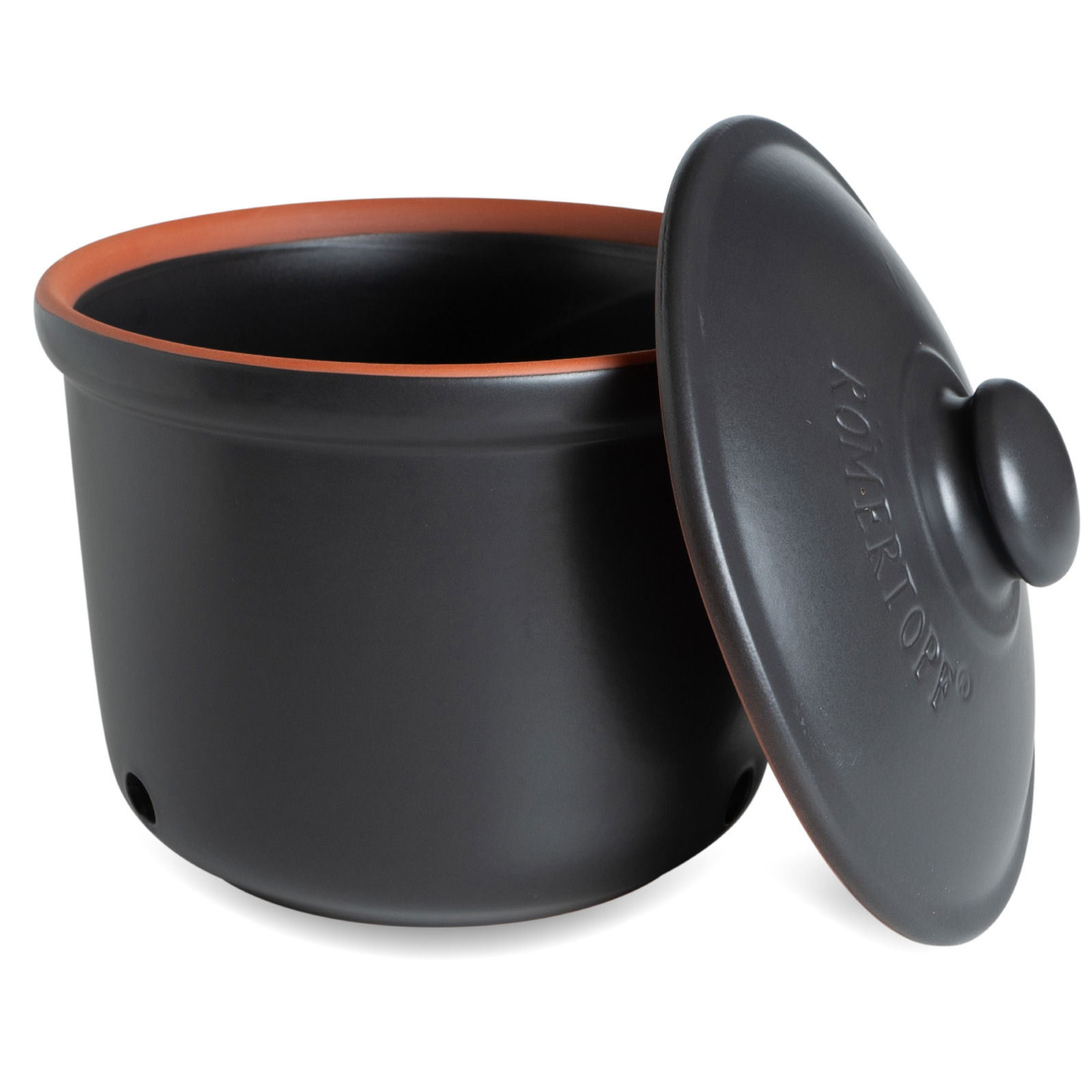 Schwarzer Römertopf Frische-Topf mit abgenommenem Deckel, seitliche Perspektive