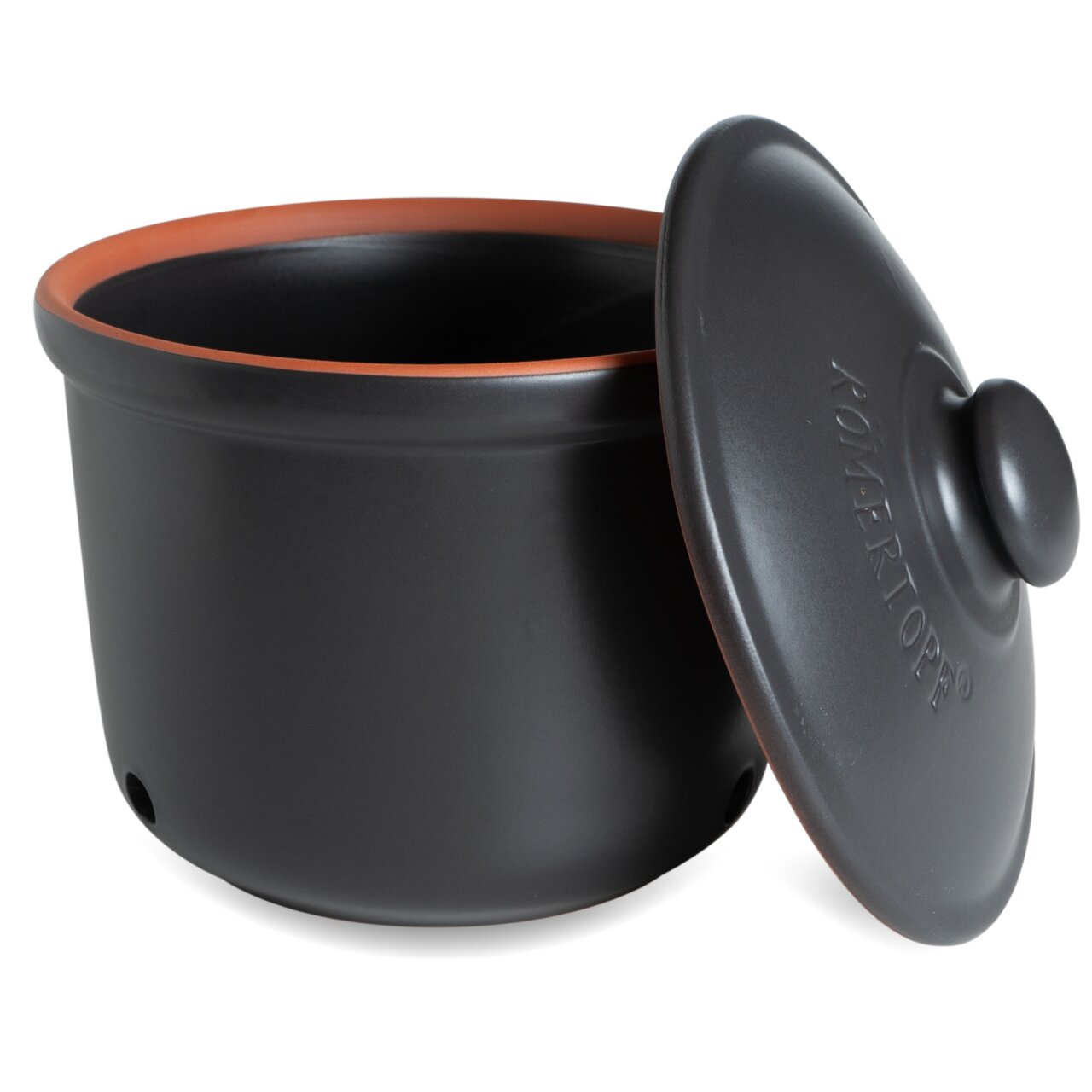 Schwarzer Römertopf Frische-Topf mit abgenommenem Deckel, seitliche Perspektive