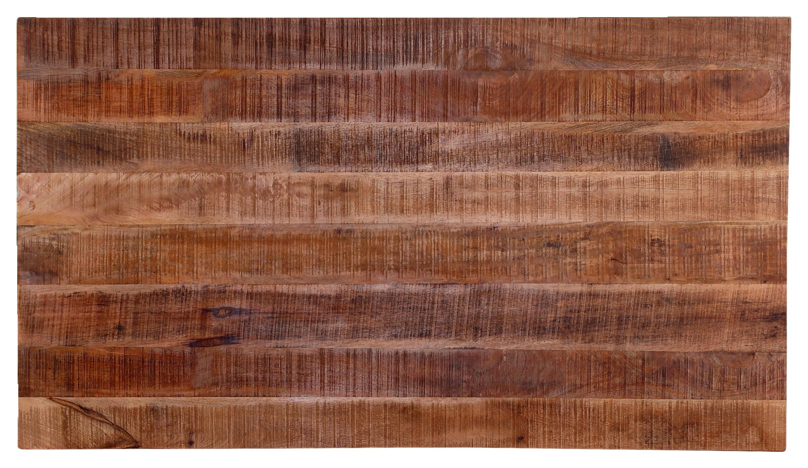 Draufsicht auf eine Tischplatte aus Holz mit natürlicher Maserung und rustikalem Design.