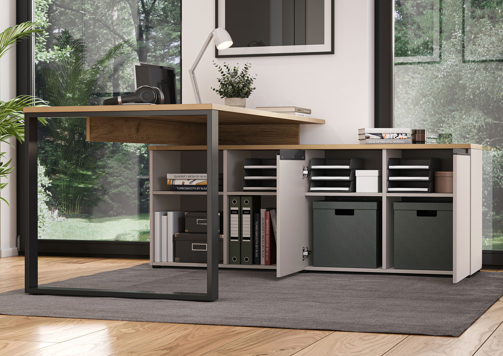 Moderner Winkelschreibtisch mit Holzoberfläche und Metallrahmen, ausgestattet mit Regalen und Schubladen für Büroorganisation, seitliche Perspektive.
