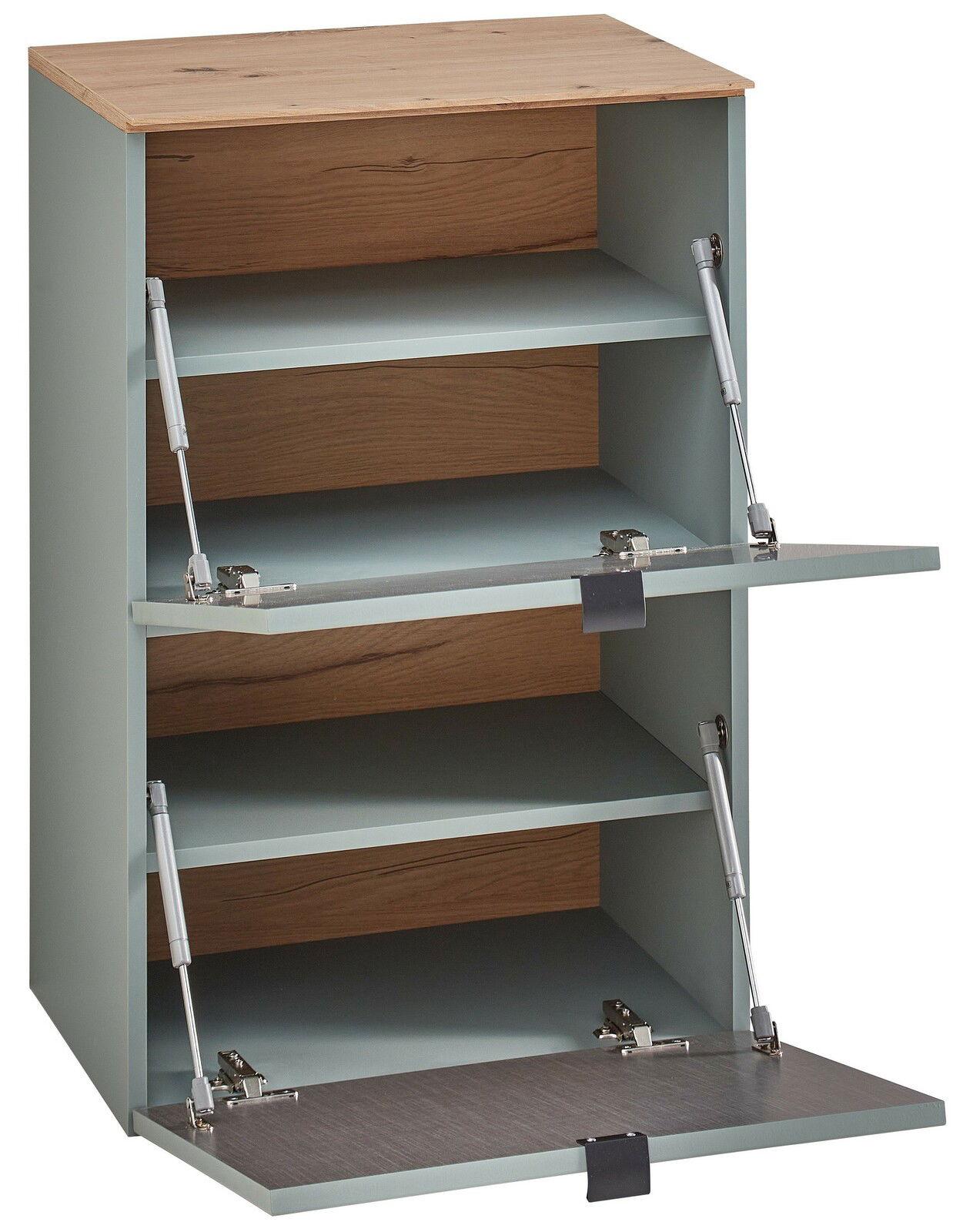 Hängeschuhschrank schmal DIANA von Voleo mit drei offenen Klappen, Holzoptik und moderner Mechanik, seitliche Perspektive