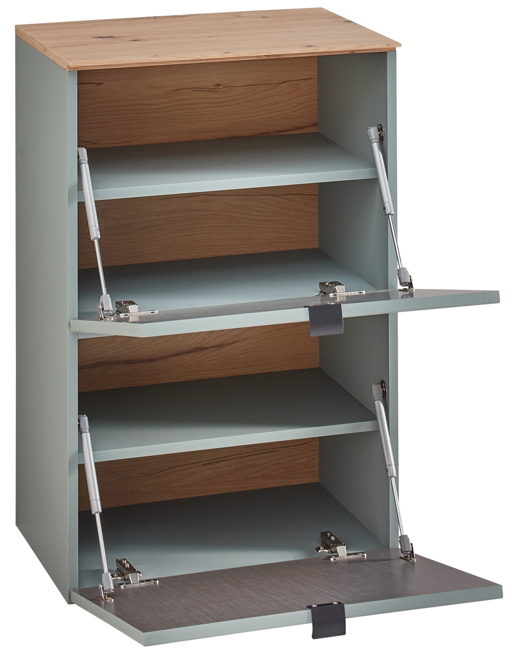 Hängeschuhschrank schmal DIANA von Voleo mit drei offenen Klappen, Holzoptik und moderner Mechanik, seitliche Perspektive