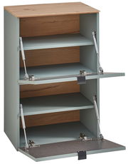 Hängeschuhschrank schmal DIANA von Voleo mit drei offenen Klappen, Holzoptik und moderner Mechanik, seitliche Perspektive