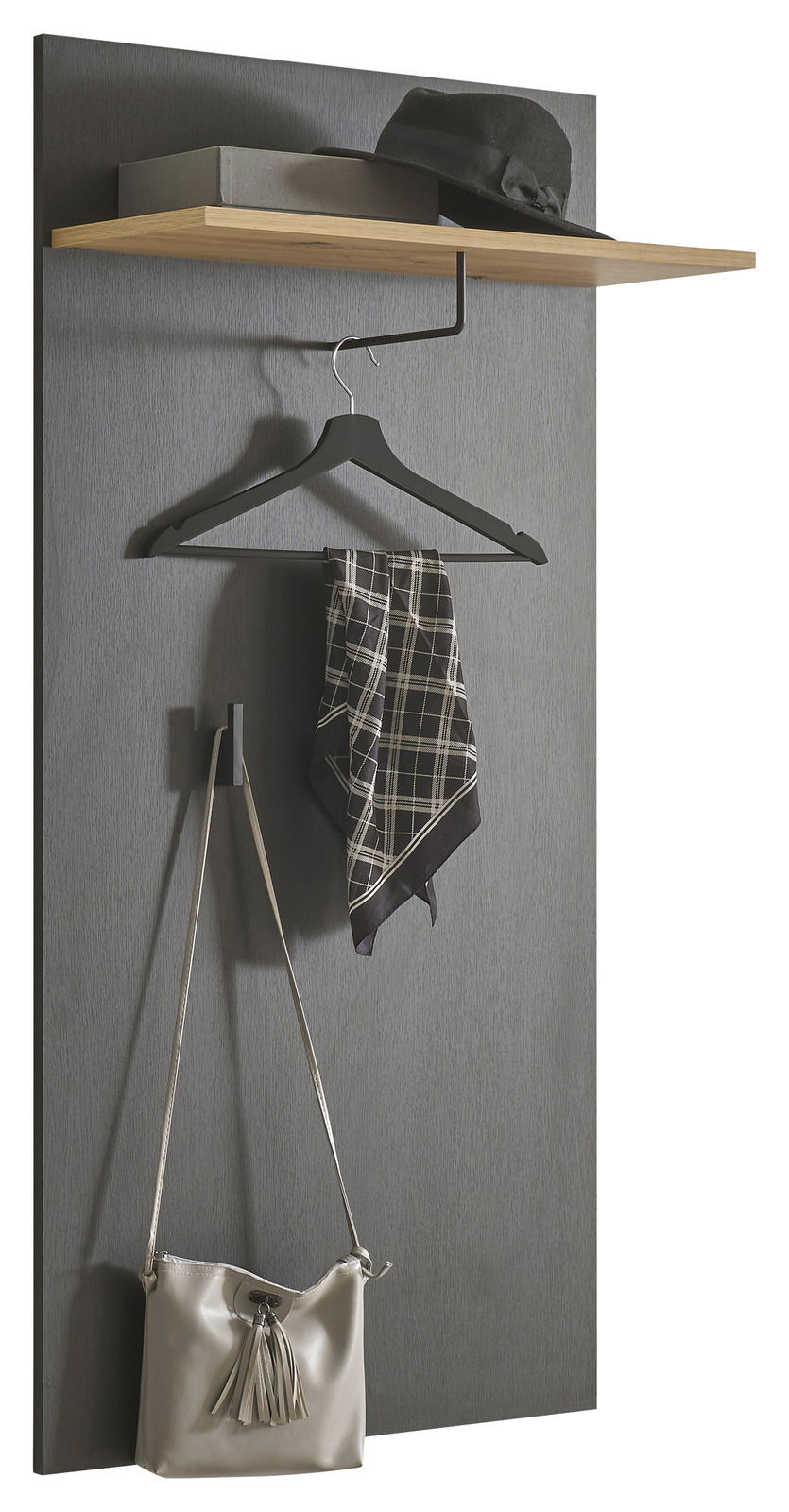 Garderobenpaneel mit Hutablage, Kleiderbügel und Haken, seitliche Perspektive