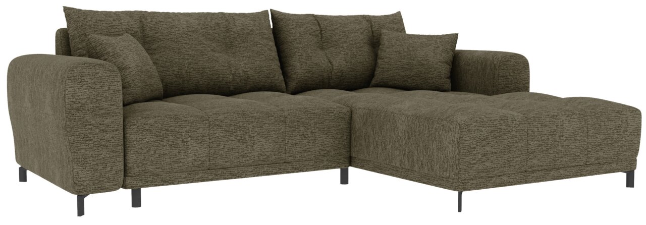 Olijfgroene hoekbank met recamier aan de rechterkant, gestructureerde stoffen bekleding, brede armleuningen, losse rugkussens en zwarte metalen poten, vrijstaand op een witte achtergrond, schuin vooraanzicht.