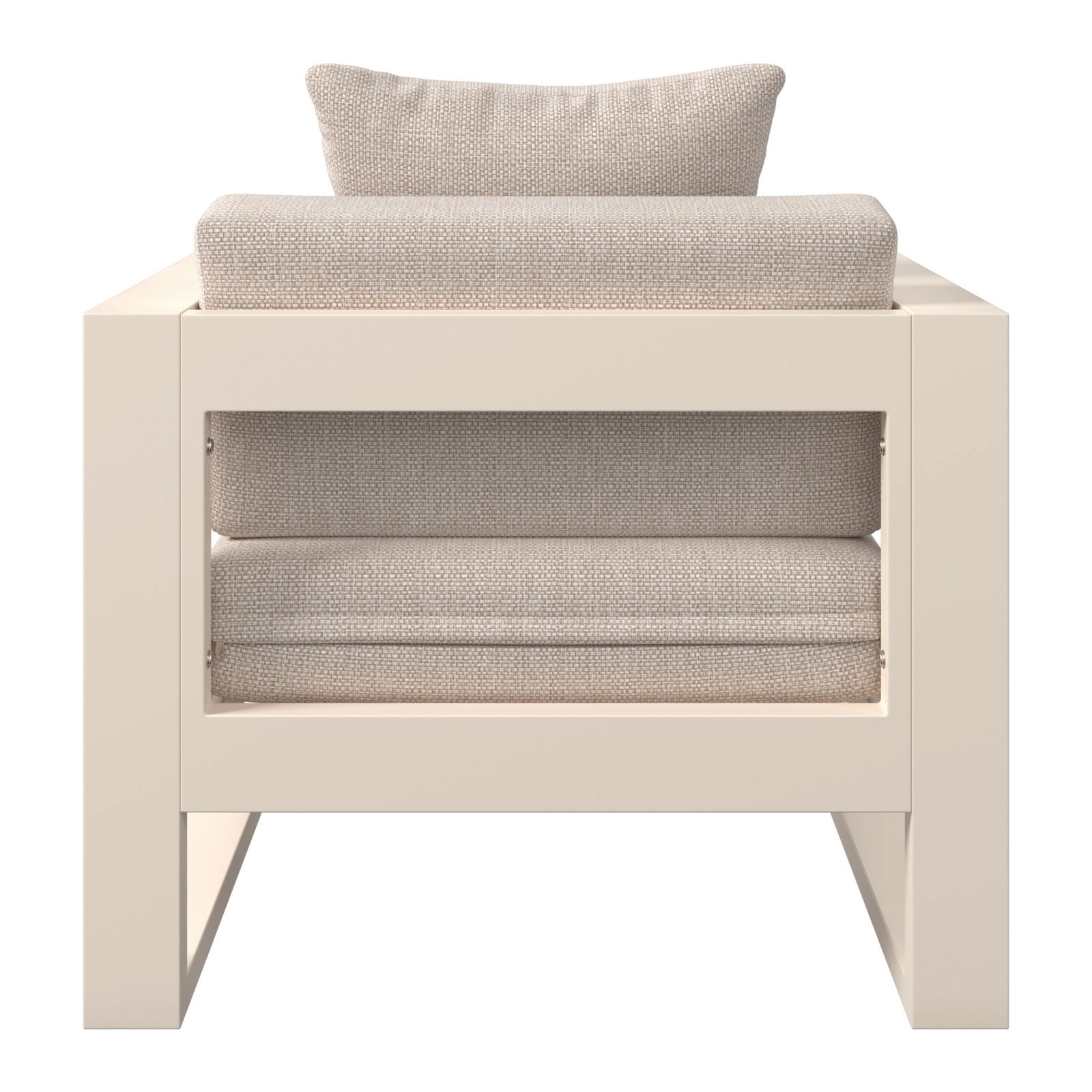 Rückansicht eines Lounge-Sessels mit beigem Polster und modernem, rechteckigem Rahmen.