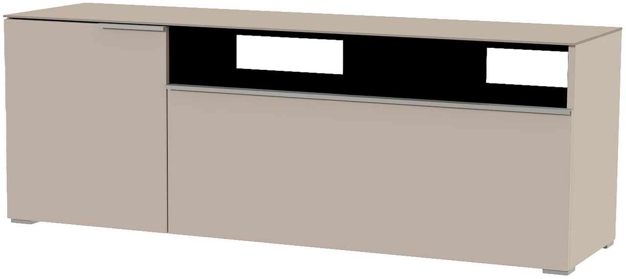 TV-Lowboard in beige mit einer Tür und einem offenen Fach, seitliche Perspektive