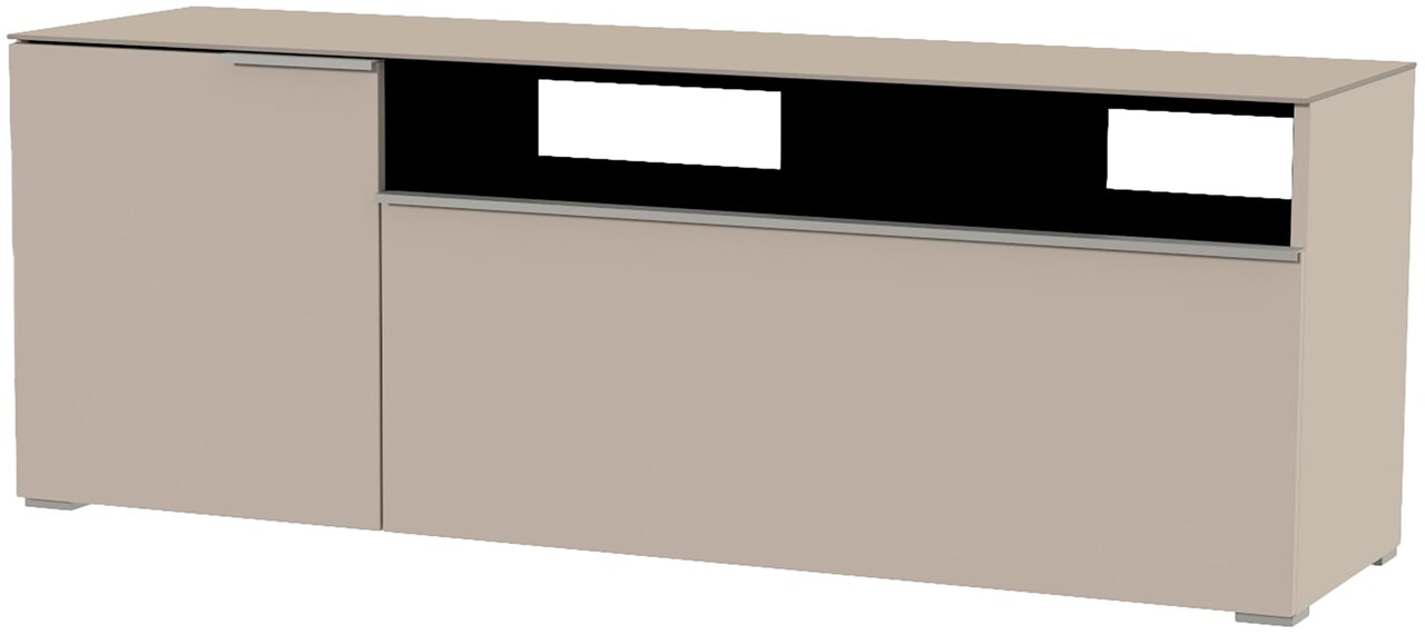 TV-Lowboard in beige mit einer Tür und einem offenen Fach, seitliche Perspektive