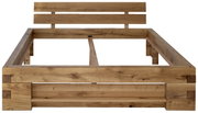 Frontale Ansicht eines robusten Balkenbetts aus Holz mit klaren Linien und natürlicher Holzmaserung.