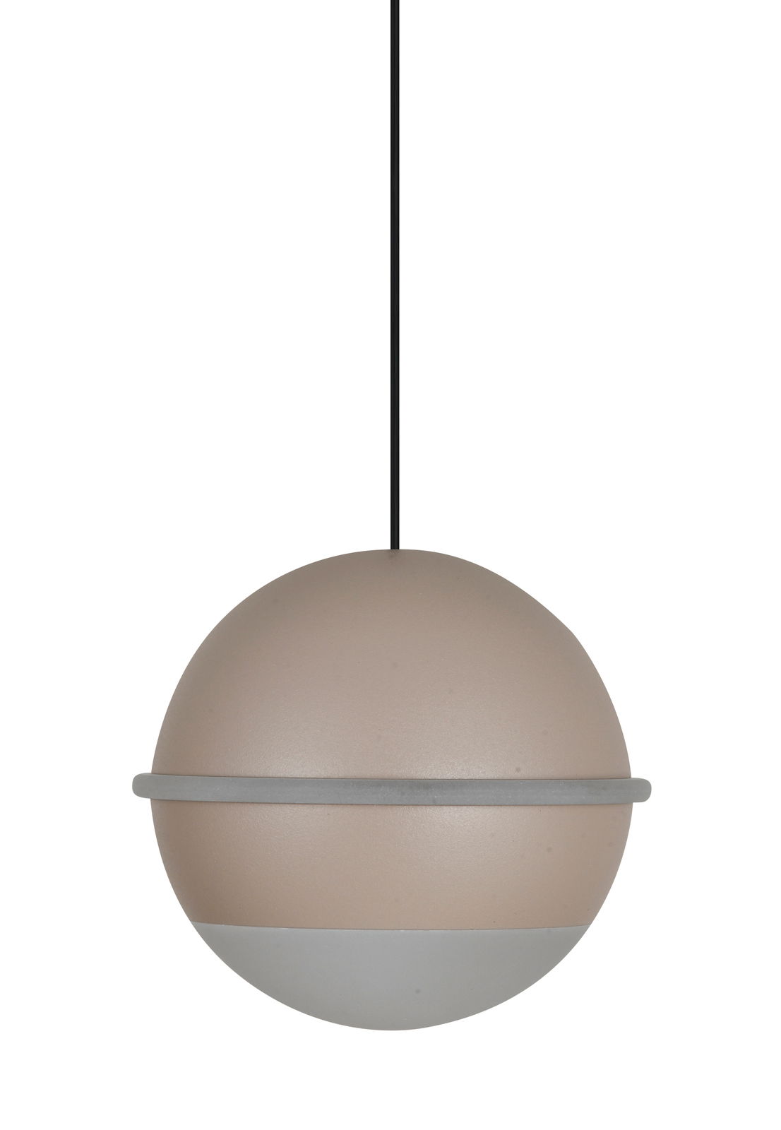 Kugelförmige LED-Pendelleuchte in Beige und Grau, seitliche Perspektive