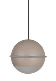 Kugelförmige LED-Pendelleuchte in Beige und Grau, seitliche Perspektive