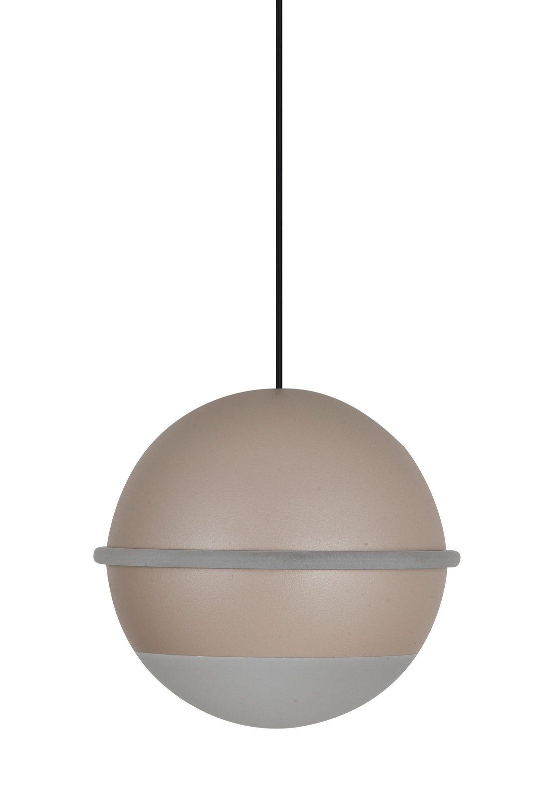 Kugelförmige LED-Pendelleuchte in Beige und Grau, seitliche Perspektive
