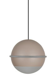 Kugelförmige LED-Pendelleuchte in Beige und Grau, seitliche Perspektive