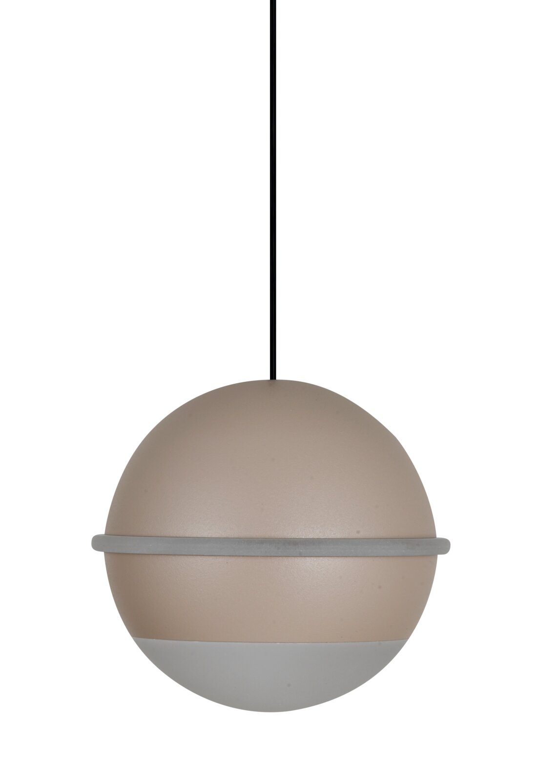 Bolvormige LED-hanglamp in beige en grijs, zijaanzicht