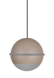 Bolvormige LED-hanglamp in beige en grijs, zijaanzicht