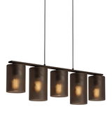 Moderne Pendelleuchte COLOMERA mit fünf zylindrischen Lampenschirmen in dunklem Glas, seitliche Perspektive.