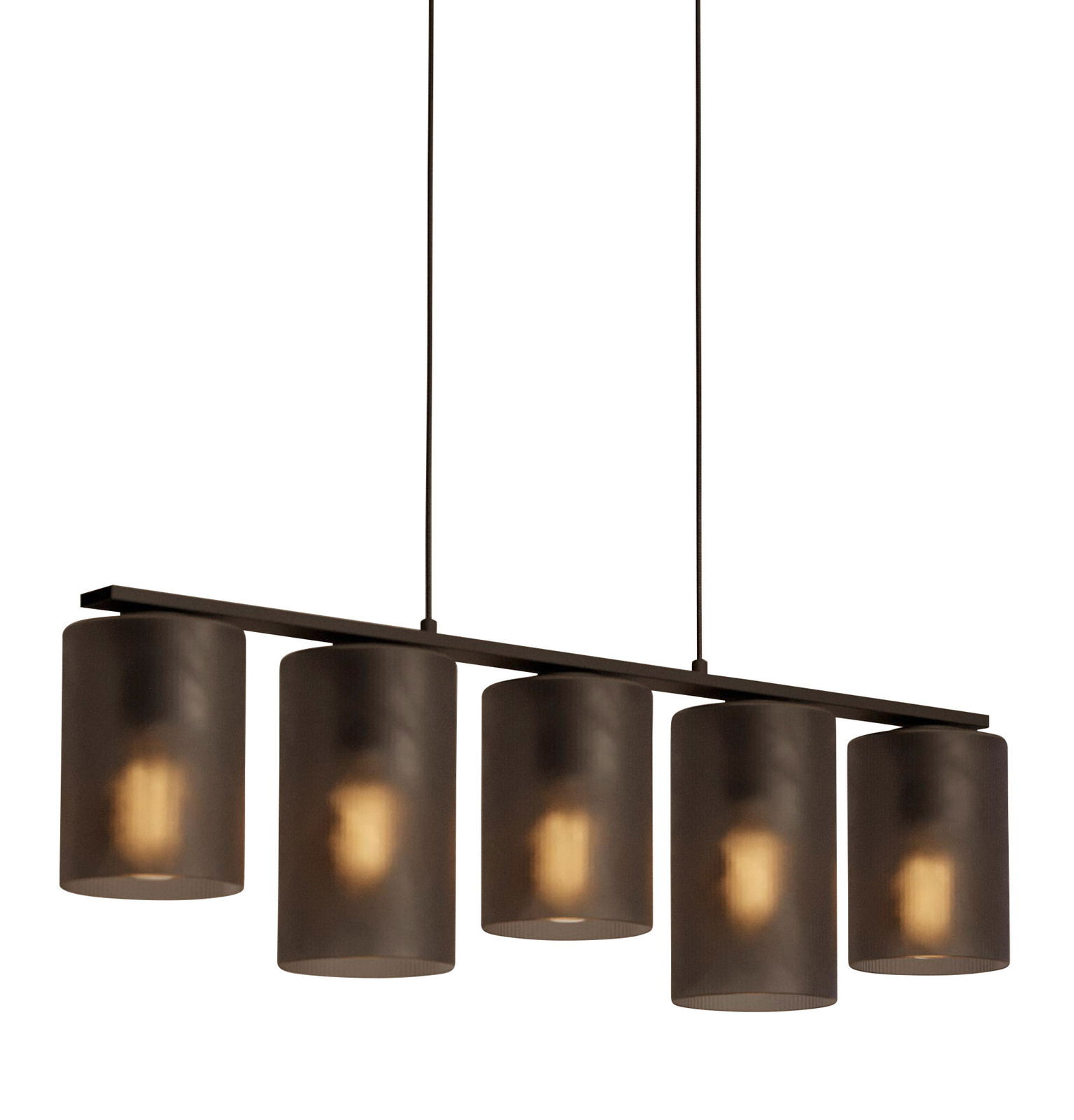 Moderne Pendelleuchte COLOMERA mit fünf zylindrischen Lampenschirmen in dunklem Glas, seitliche Perspektive.