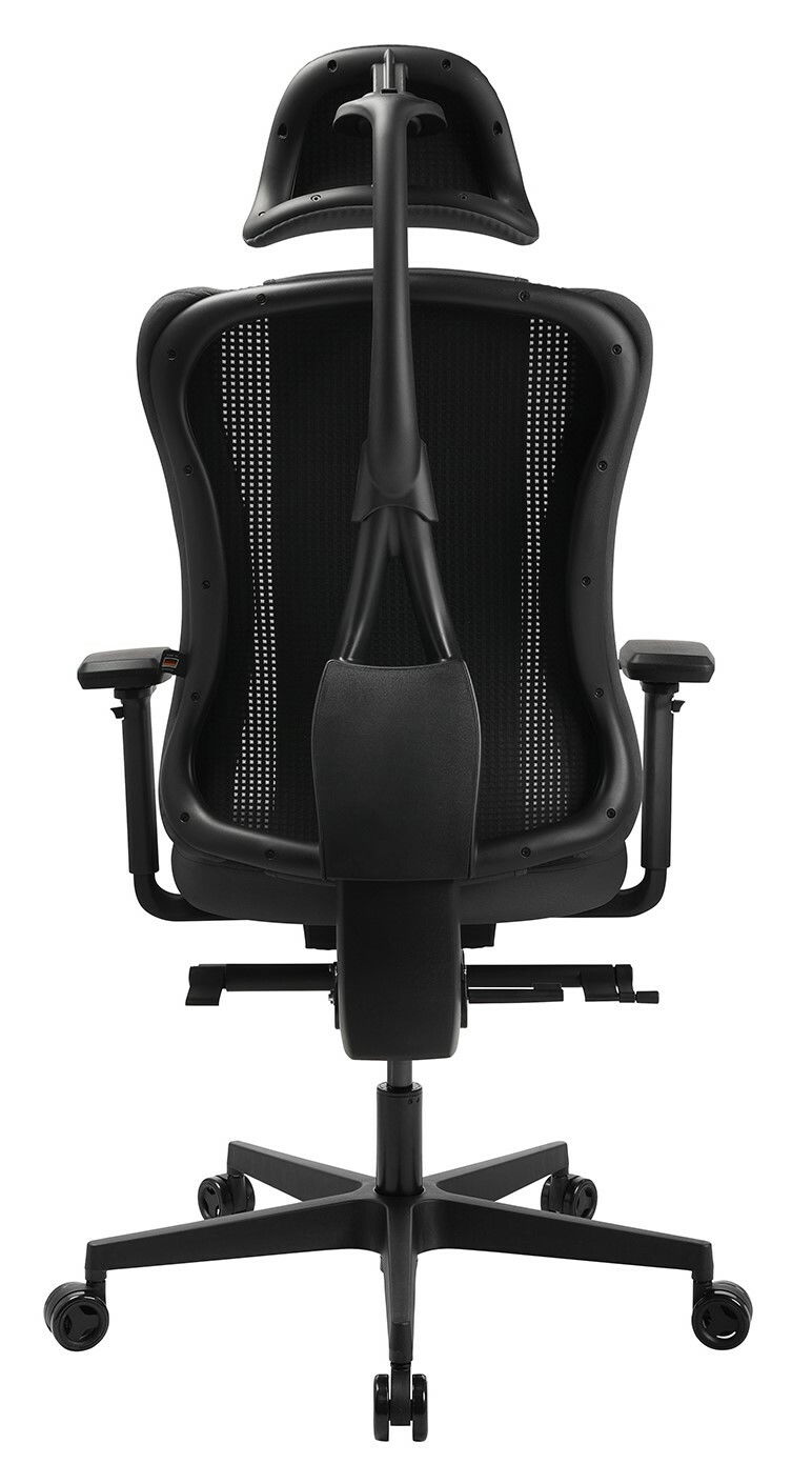 Rückansicht eines ergonomischen Gaming-Stuhls mit Kopfstütze und verstellbaren Armlehnen